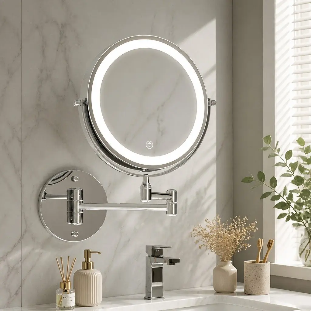 Makeup Mirror Extendable Iron Plating 33cm W x 32cm H Silver Double-Sided 10X Magnifying LED