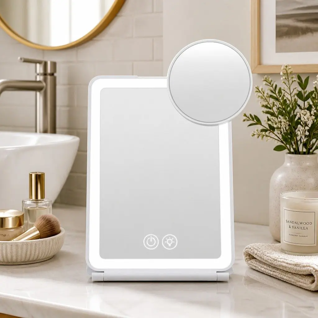 Portable Makeup Mirror Lighted Plastic 19cm x 13cm White with 10x Magnifier Rechargeable Travel Vanity