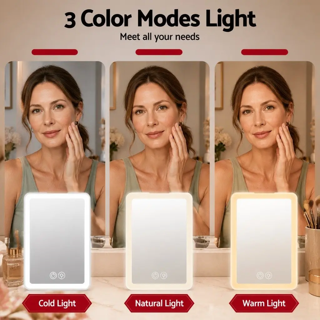 Portable Makeup Mirror Lighted Plastic 19cm x 13cm White with 10x Magnifier Rechargeable Travel Vanity