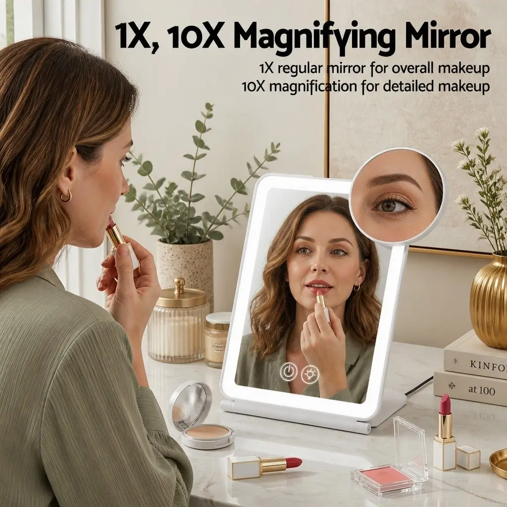 Portable Makeup Mirror Lighted Plastic 19cm x 13cm White with 10x Magnifier Rechargeable Travel Vanity