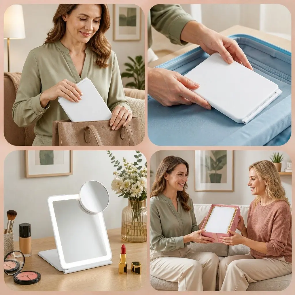 Portable Makeup Mirror Lighted Plastic 19cm x 13cm White with 10x Magnifier Rechargeable Travel Vanity