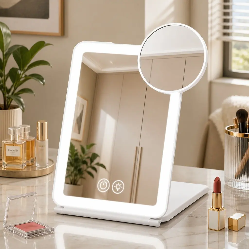 Portable Makeup Mirror Lighted Plastic 19cm x 13cm White with 10x Magnifier Rechargeable Travel Vanity