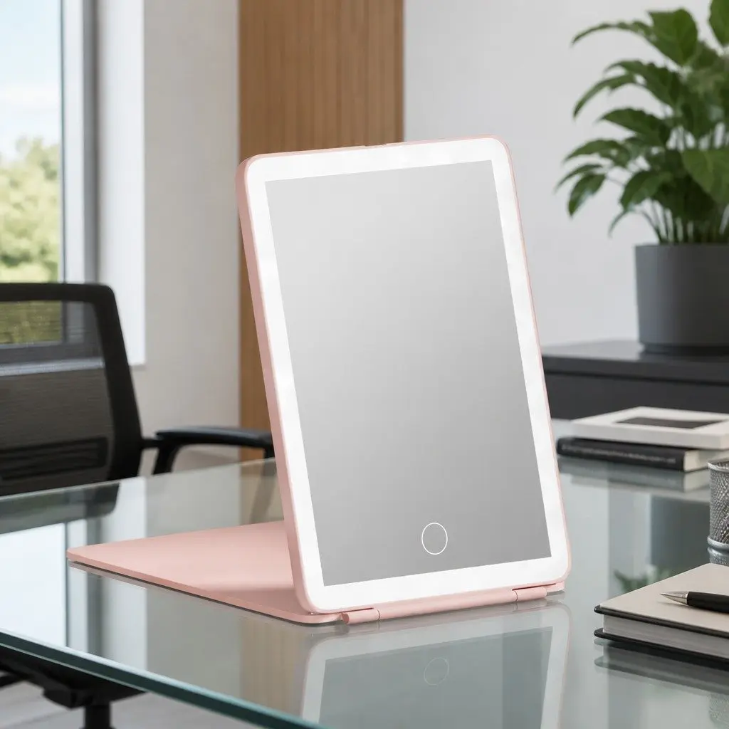 LED Makeup Mirror Foldable Portable Pink 20cm x 13.5cm