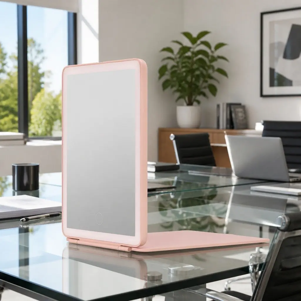 LED Makeup Mirror Foldable Portable Pink 20cm x 13.5cm