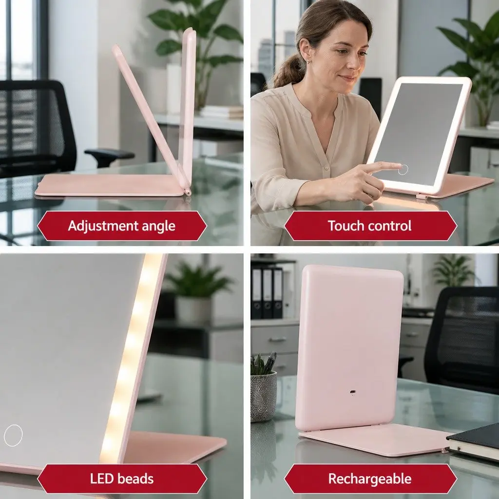 LED Makeup Mirror Foldable Portable Pink 20cm x 13.5cm