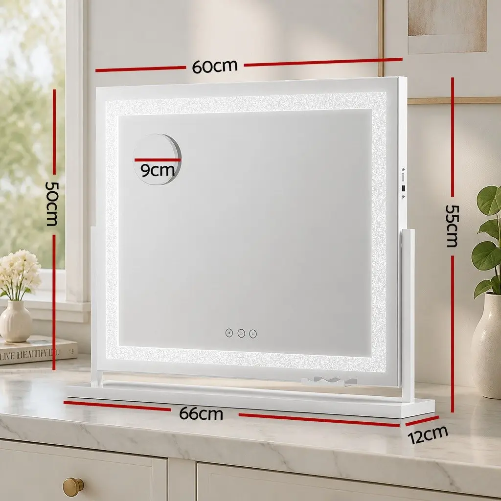 LED Makeup Mirror Crystal 60x50cm Lighted Tabletop 360 Rotatable White