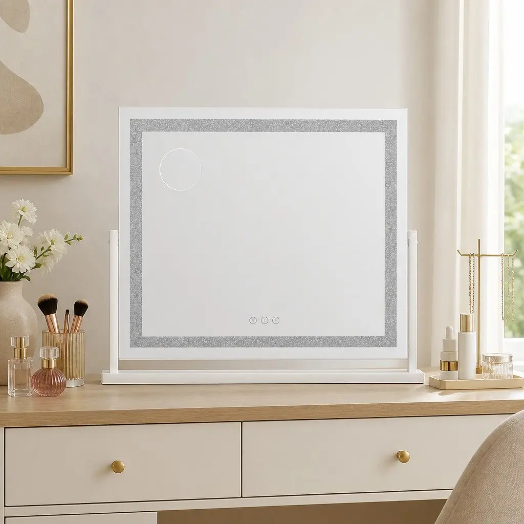 LED Makeup Mirror Crystal 60x50cm Lighted Tabletop 360 Rotatable White