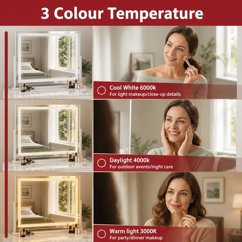 LED Makeup Mirror Crystal 60x50cm Lighted Tabletop 360 Rotatable White
