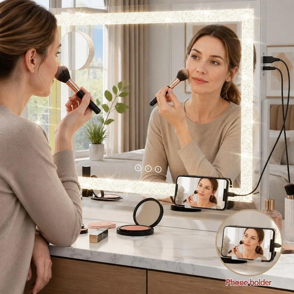 LED Makeup Mirror Crystal 60x50cm Lighted Tabletop 360 Rotatable White