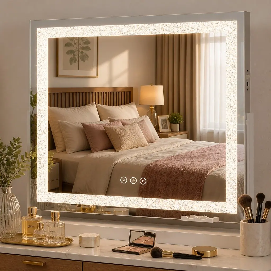 LED Makeup Mirror Crystal 60x50cm Lighted Tabletop 360 Rotatable White