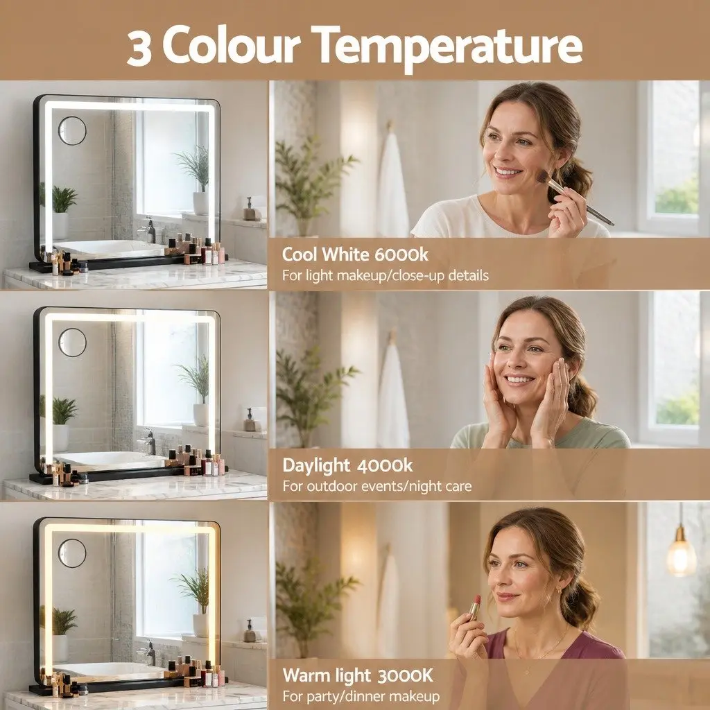 Makeup Mirror Aluminium Frame 60x50cm Black LED Light Touch Controls