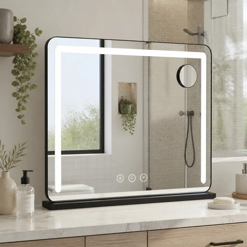Makeup Mirror Aluminium Frame 60x50cm Black LED Light Touch Controls