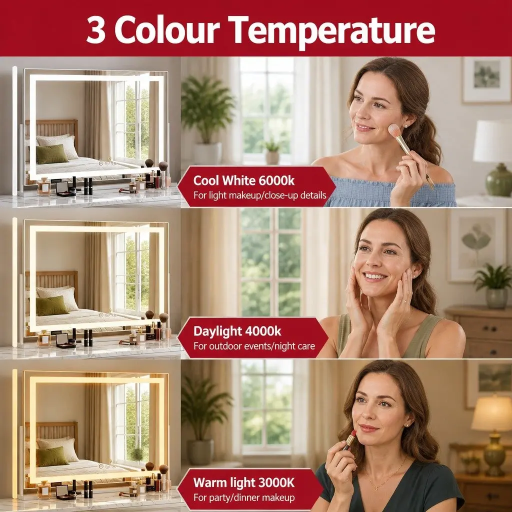 LED Makeup Mirror Rectangular Metal MDF 80x58cm White Lighted 360° Rotatable