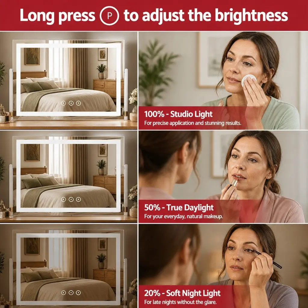 LED Makeup Mirror Rectangular Metal MDF 80x58cm White Lighted 360° Rotatable