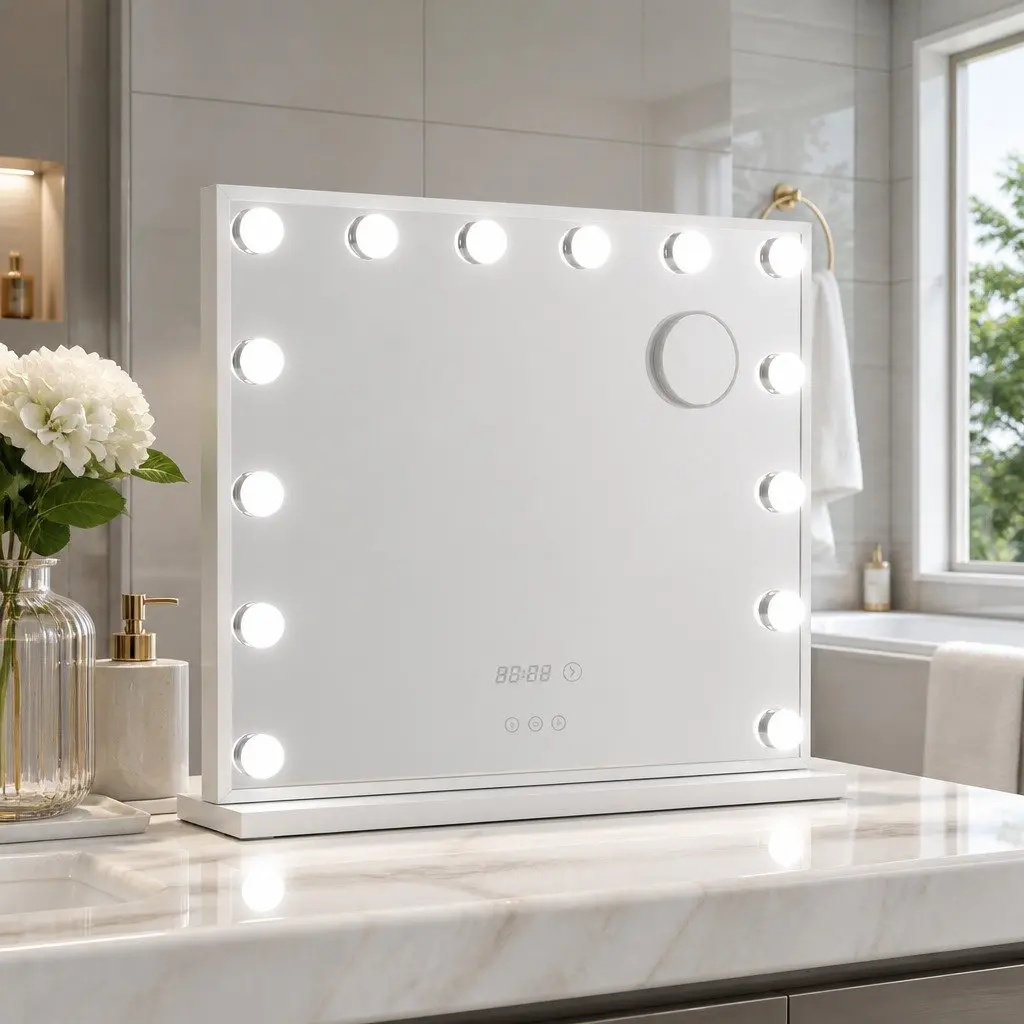 Makeup Mirror Metal MDF 60x52cm Yellow Free Standing LED Light Tabletop