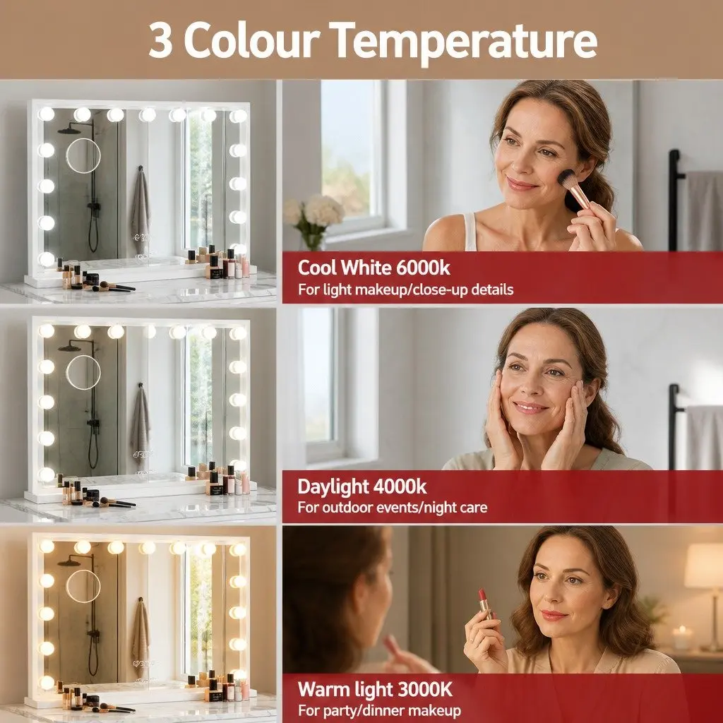 Makeup Mirror Metal MDF 60x52cm Yellow Free Standing LED Light Tabletop
