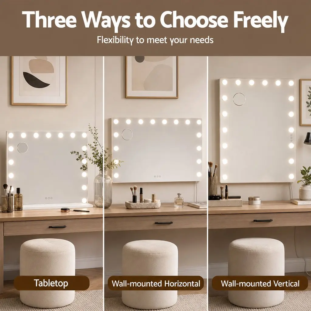 Hollywood Vanity Mirror Frameless 90x60cm LED Bulbs 18 Dimmable with 3 Colour Temperature Modes