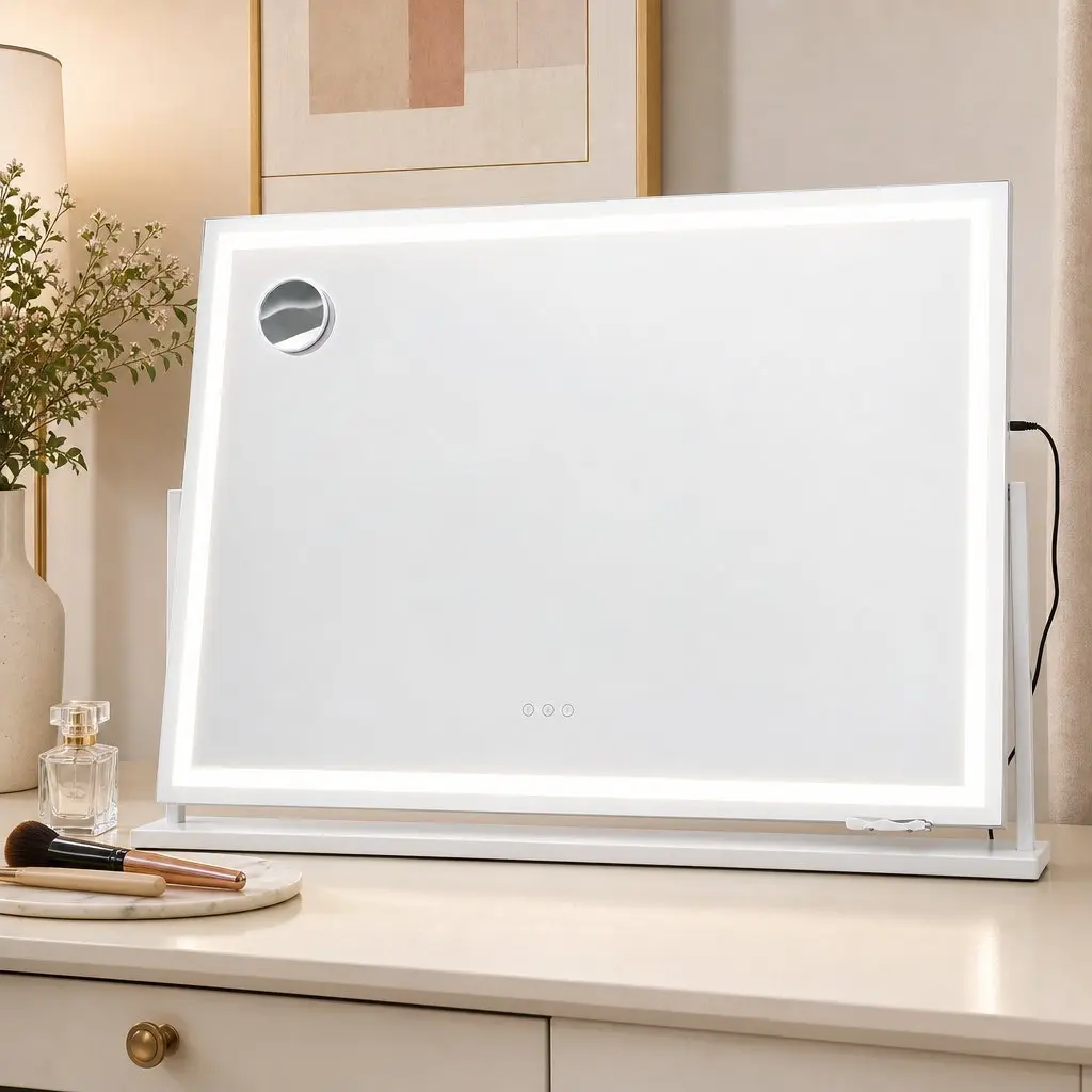 Vanity Makeup Mirror 100x70cm Rotatable LED Lighted White Tabletop Wall
