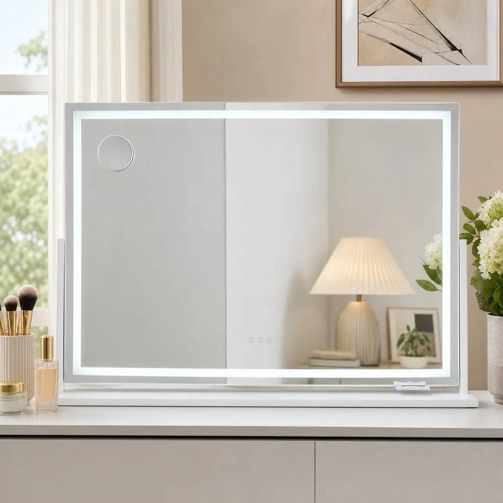 Vanity Makeup Mirror 100x70cm Rotatable LED Lighted White Tabletop Wall