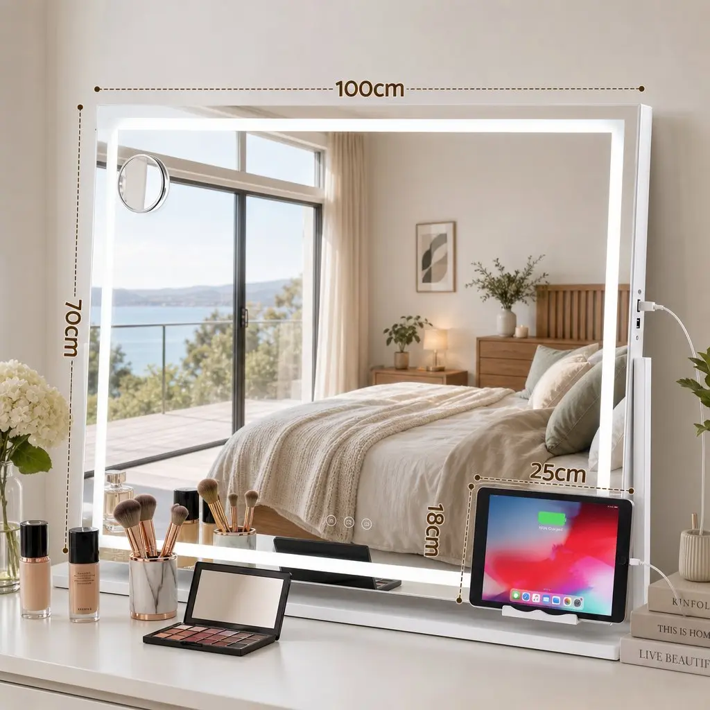 Vanity Makeup Mirror 100x70cm Rotatable LED Lighted White Tabletop Wall