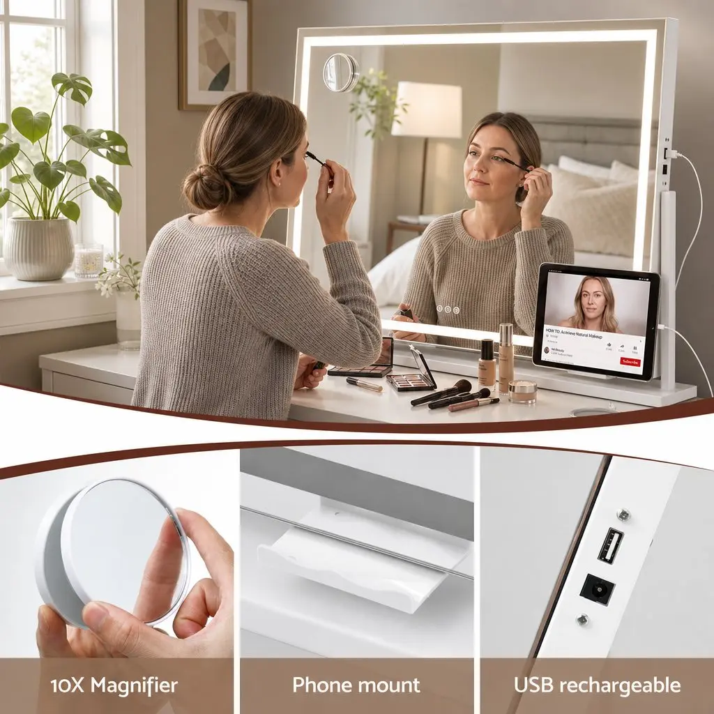Vanity Makeup Mirror 100x70cm Rotatable LED Lighted White Tabletop Wall