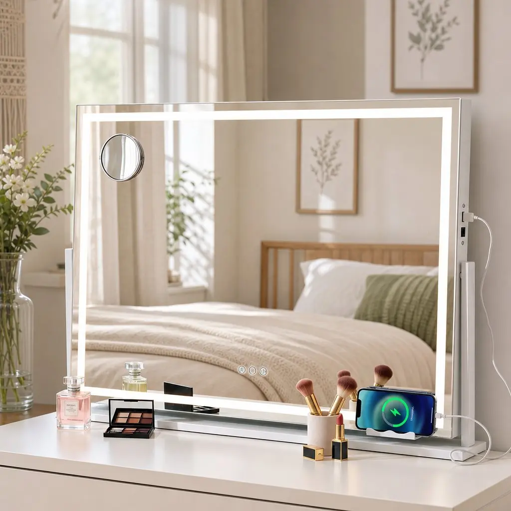 Vanity Makeup Mirror 100x70cm Rotatable LED Lighted White Tabletop Wall