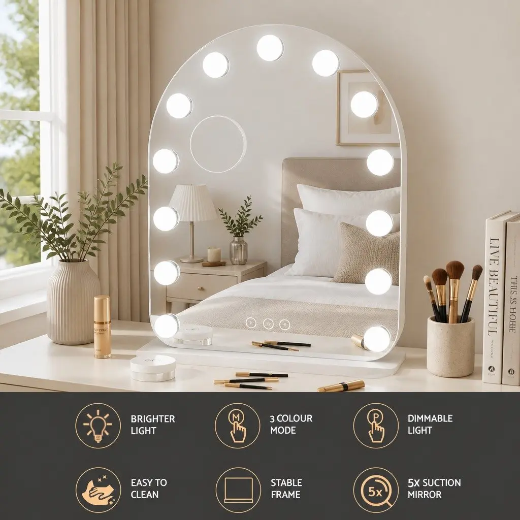 Makeup Mirror LED 40x50cm White Toughened Glass with 5x Magnification and Touch Control