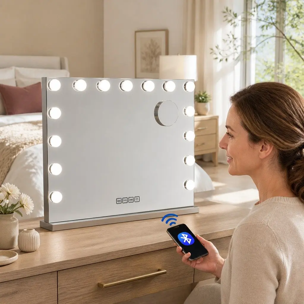 Bluetooth Makeup Mirror Wall Mounted 58x46cm Silver with 15 LED Lights