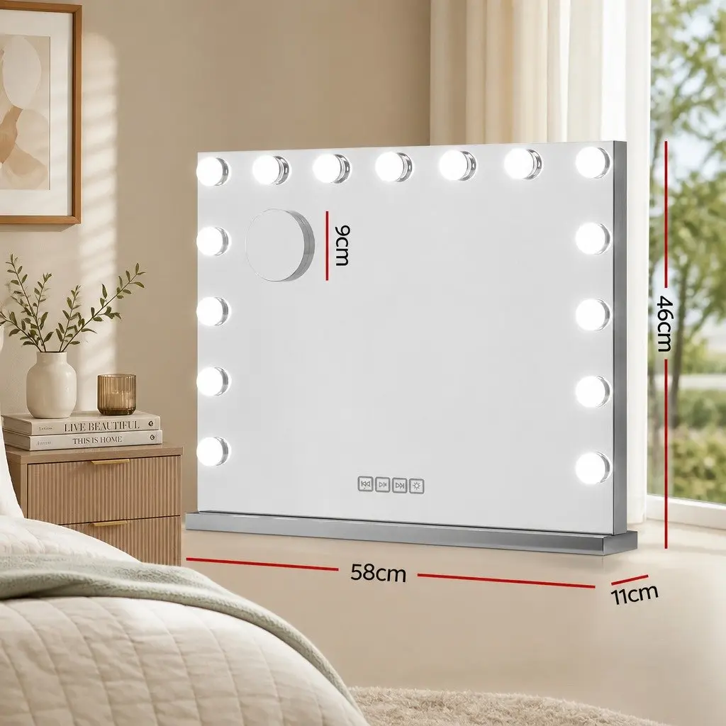 Bluetooth Makeup Mirror Wall Mounted 58x46cm Silver with 15 LED Lights