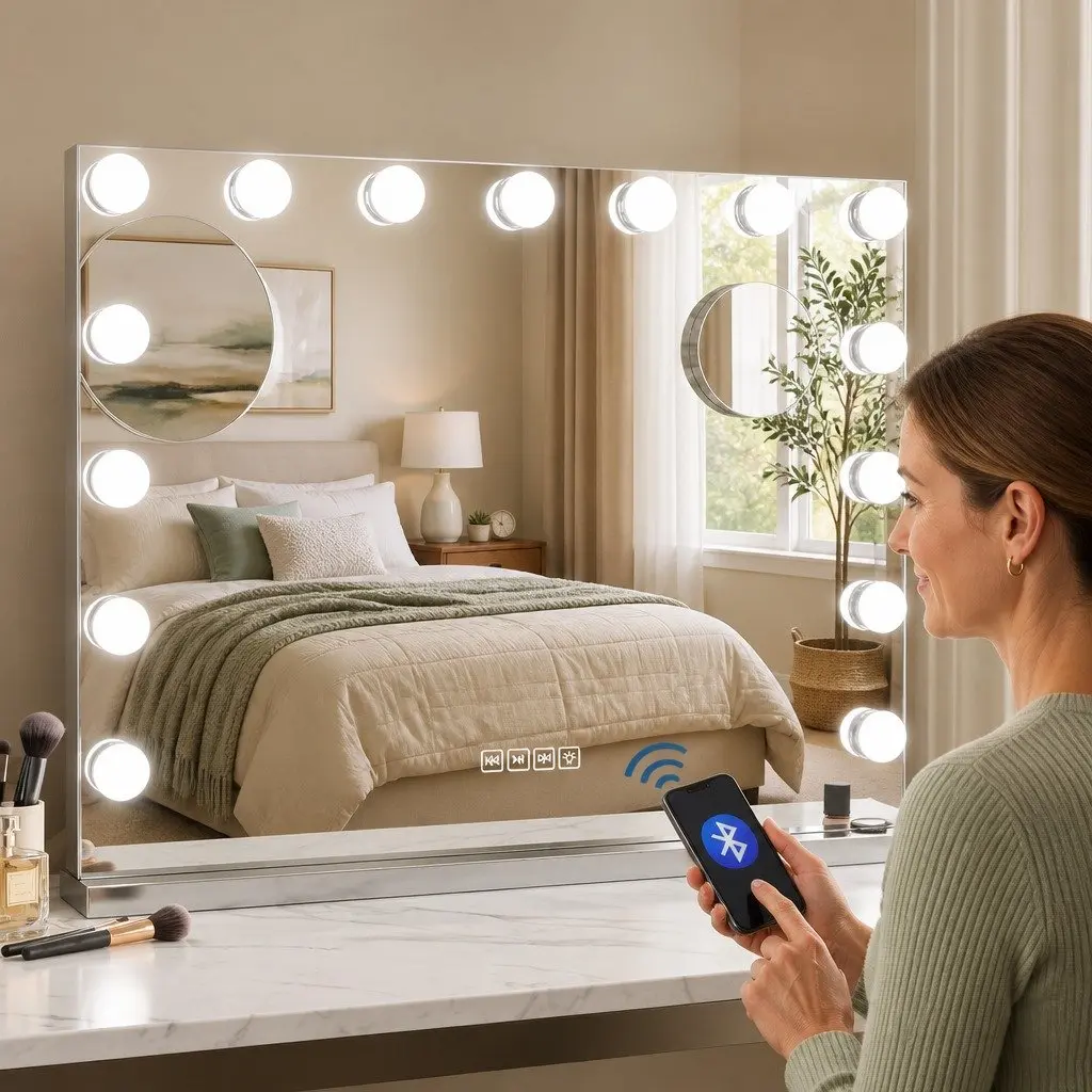 Bluetooth Makeup Mirror Wall Mounted 58x46cm Silver with 15 LED Lights