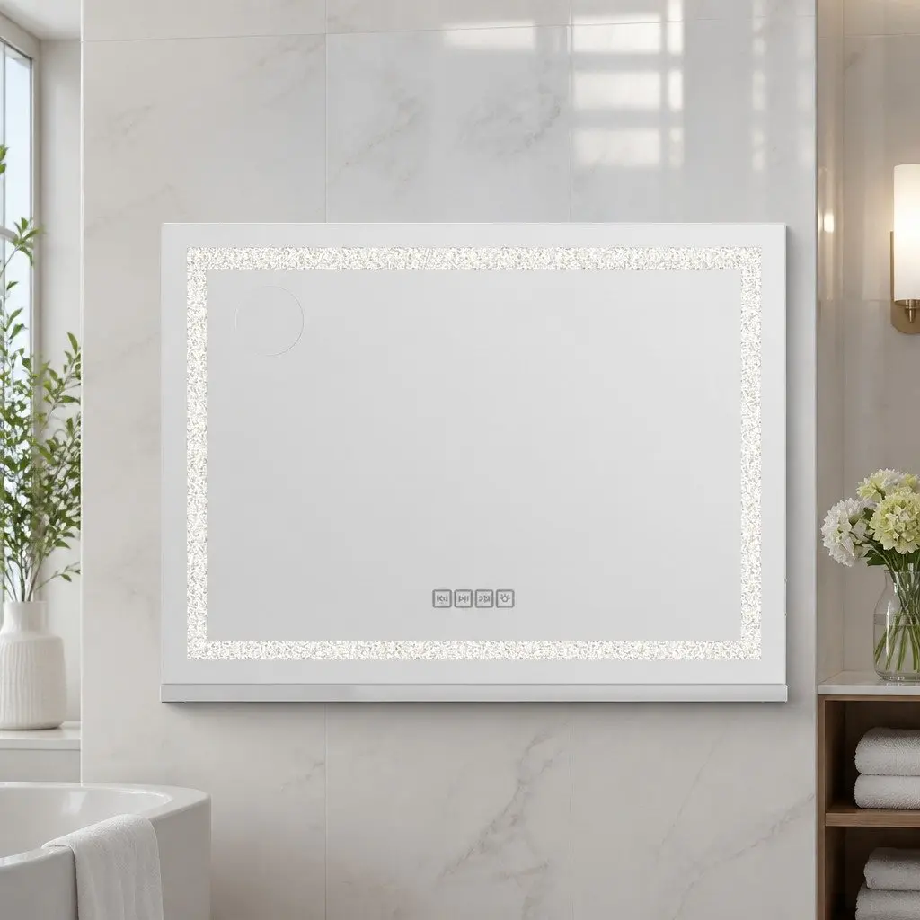 Makeup Mirror Lighted 58x46cm Silver with Bluetooth Speaker and USB Charging Adjustable Brightness