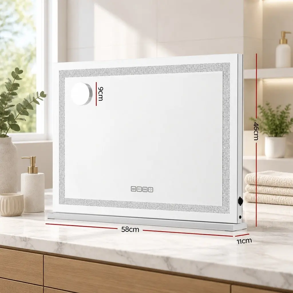 Makeup Mirror Lighted 58x46cm Silver with Bluetooth Speaker and USB Charging Adjustable Brightness