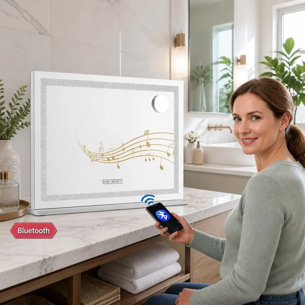 Makeup Mirror Lighted 58x46cm Silver with Bluetooth Speaker and USB Charging Adjustable Brightness