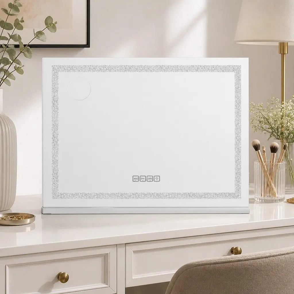 Lighted Makeup Mirror Metal MDF 80x58cm White with LED Crystal Light Strips Bluetooth Speaker