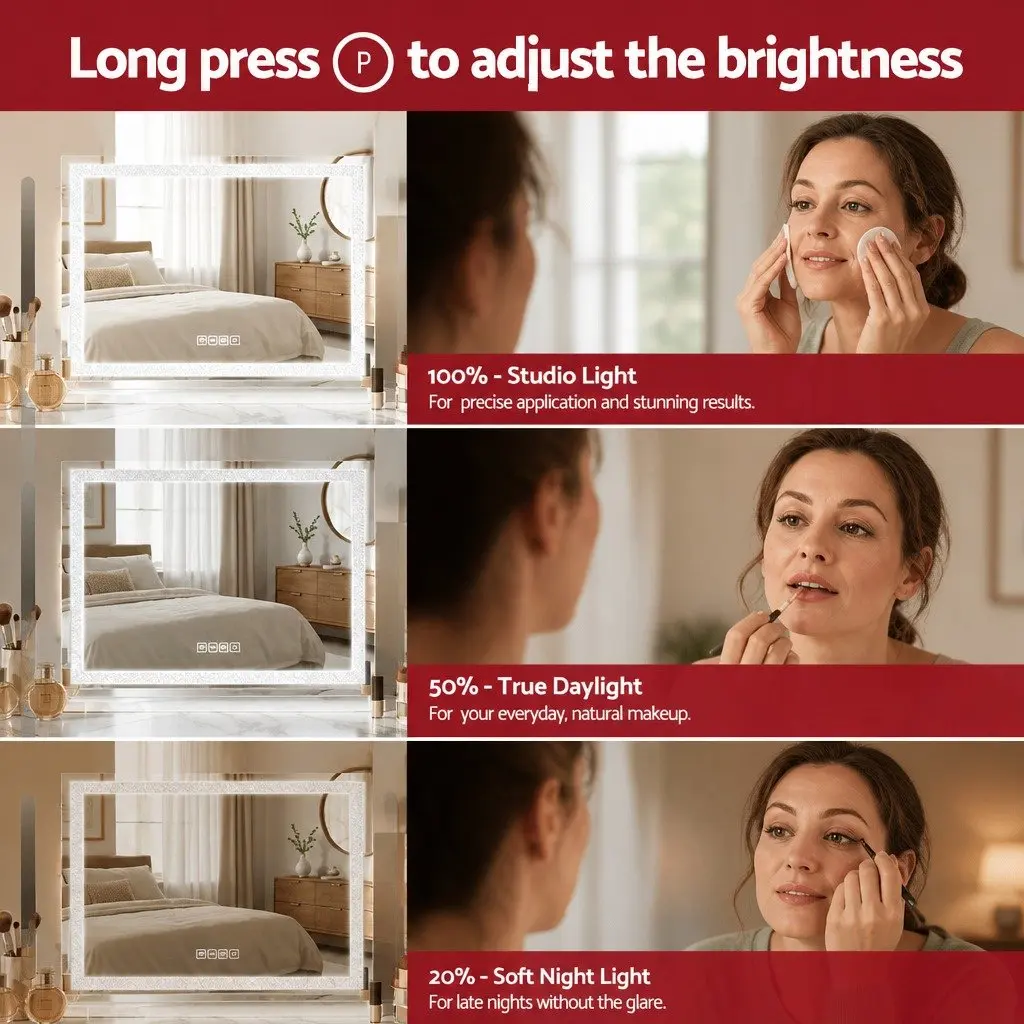 Lighted Makeup Mirror Metal MDF 80x58cm White with LED Crystal Light Strips Bluetooth Speaker