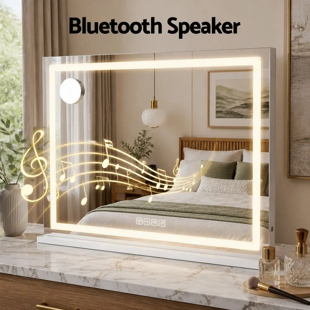 Lighted Makeup Mirror Metal MDF 80x58cm White with LED Crystal Light Strips Bluetooth Speaker