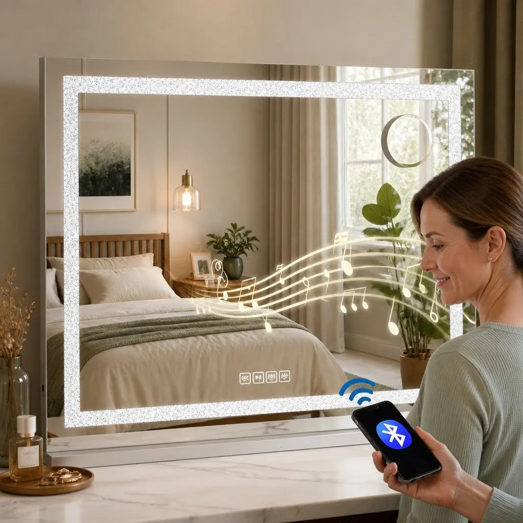 Lighted Makeup Mirror Metal MDF 80x58cm White with LED Crystal Light Strips Bluetooth Speaker