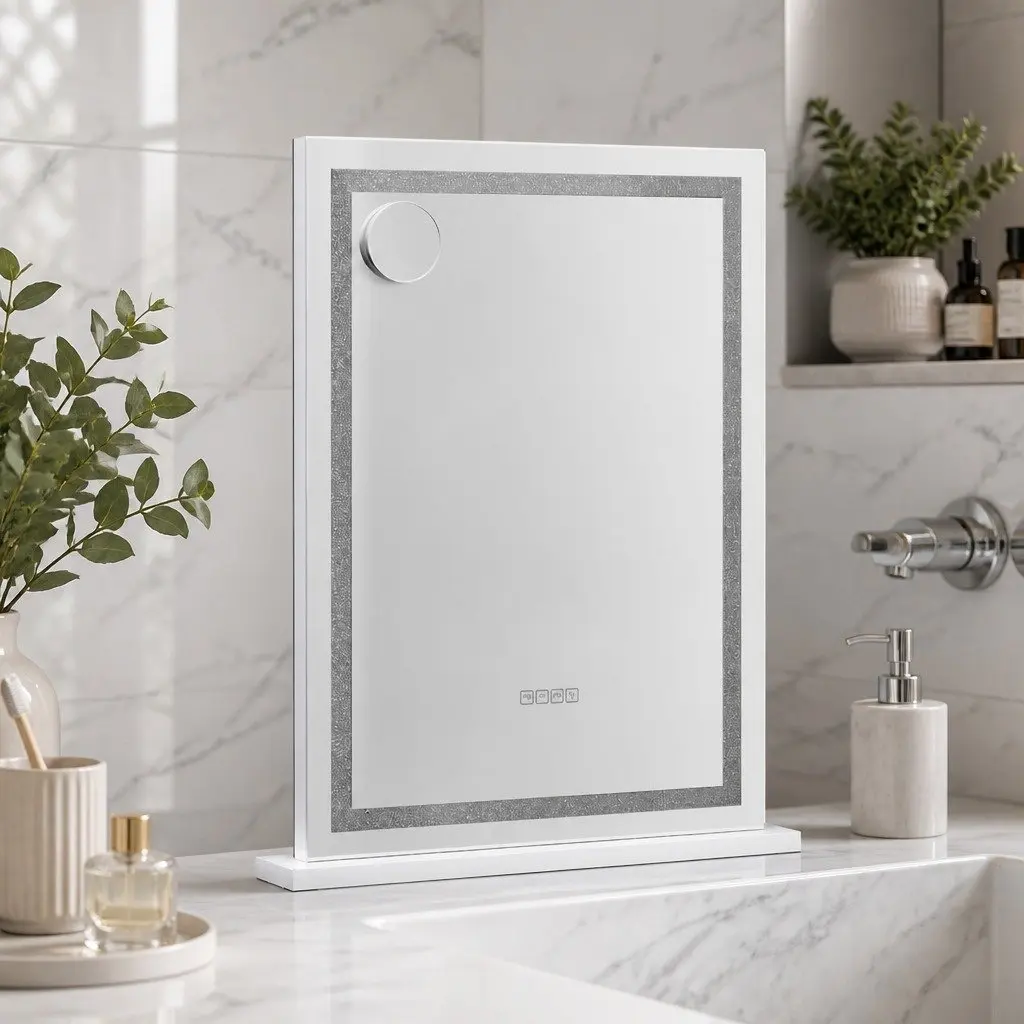Makeup Mirror LED Light 58x80cm White Metal Frame Bluetooth Speaker Touch Control