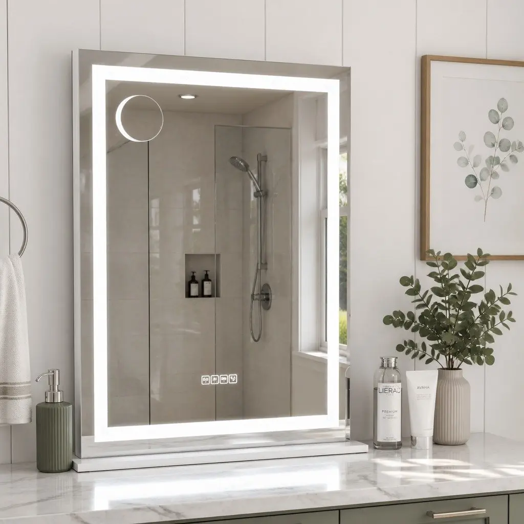 Makeup Mirror LED Light 58x80cm White Metal Frame Bluetooth Speaker Touch Control