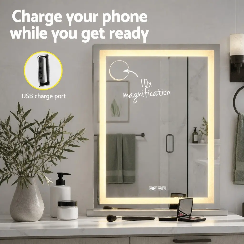 Makeup Mirror LED Light 58x80cm White Metal Frame Bluetooth Speaker Touch Control