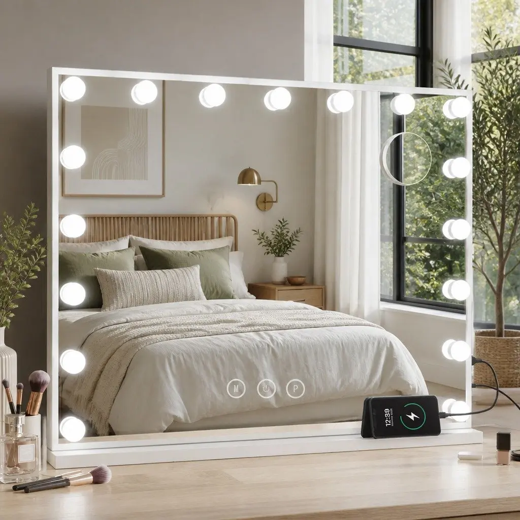 Makeup Mirror LED Light 80x58cm Metal Frame Tabletop Wall Mount White