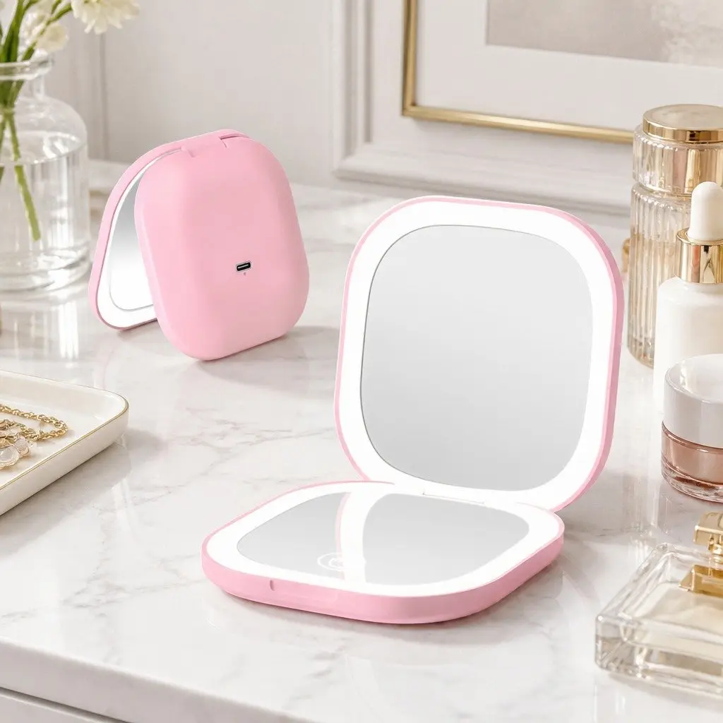 LED Makeup Mirror Lighted Portable Compact 1x 10x Magnification Square Pink