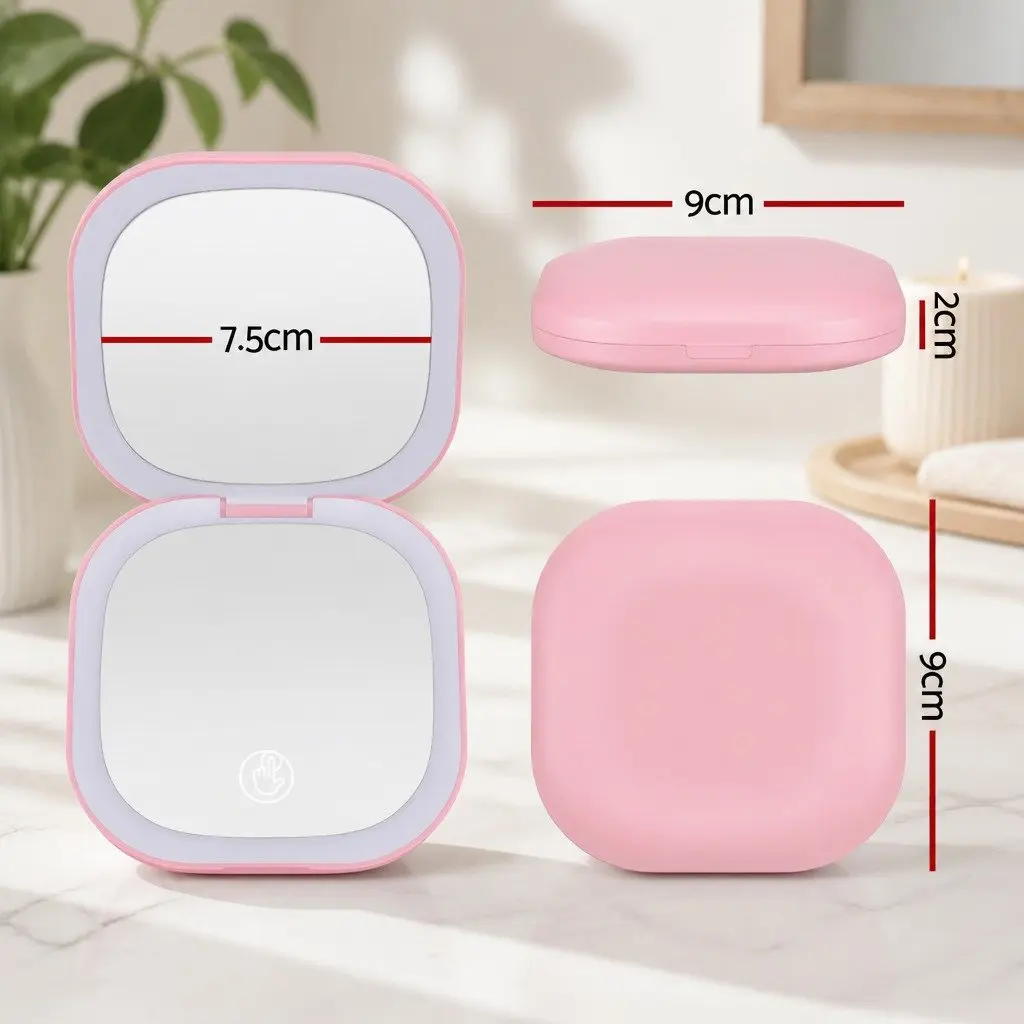 LED Makeup Mirror Lighted Portable Compact 1x 10x Magnification Square Pink