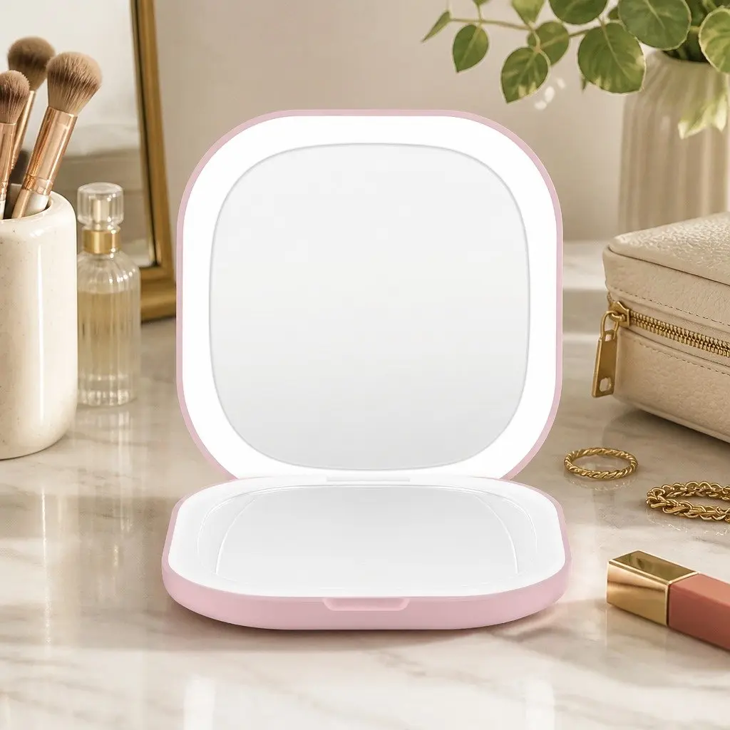 LED Makeup Mirror Lighted Portable Compact 1x 10x Magnification Square Pink