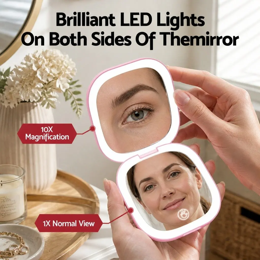LED Makeup Mirror Lighted Portable Compact 1x 10x Magnification Square Pink
