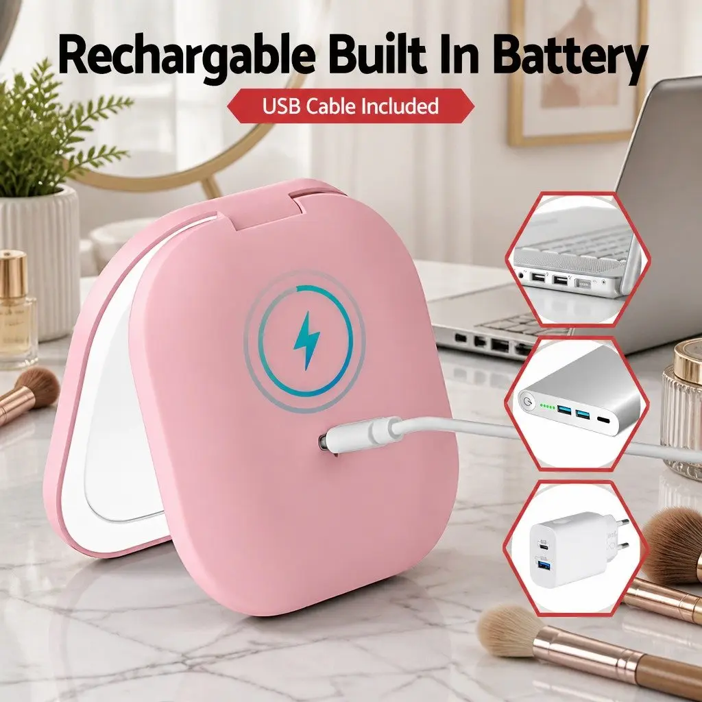 LED Makeup Mirror Lighted Portable Compact 1x 10x Magnification Square Pink
