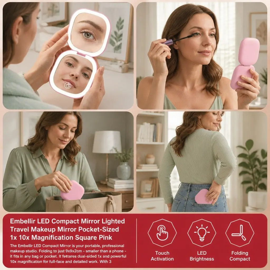 LED Makeup Mirror Lighted Portable Compact 1x 10x Magnification Square Pink