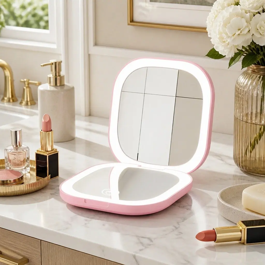 LED Makeup Mirror Lighted Portable Compact 1x 10x Magnification Square Pink