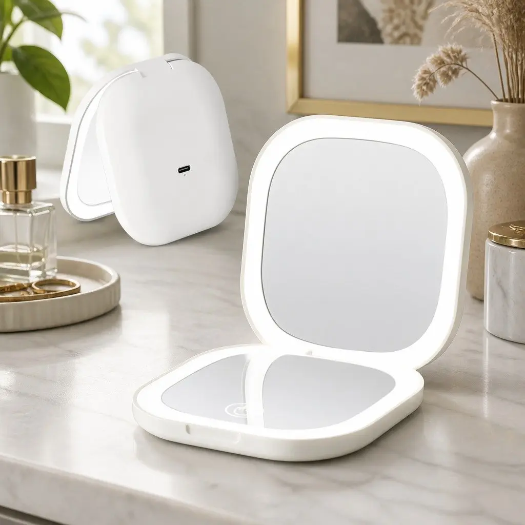 LED Compact Makeup Mirror Pocket-Sized Lighted Travel Mirror 1x 10x