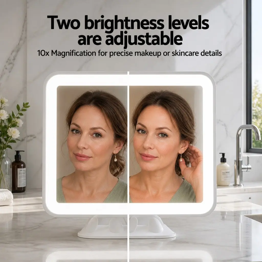 Makeup Mirror LED Light 10X Magnification Touch Control 360 Rotation Suction Cup White